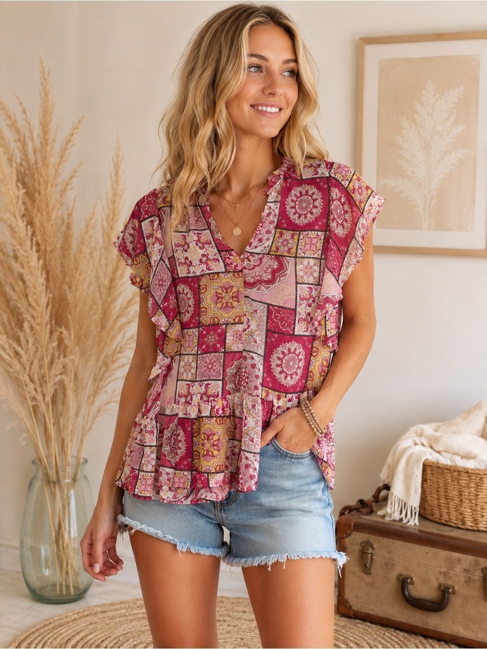 Anthropologie Umgee Patchwork Print Ruffle Peplum Blouse